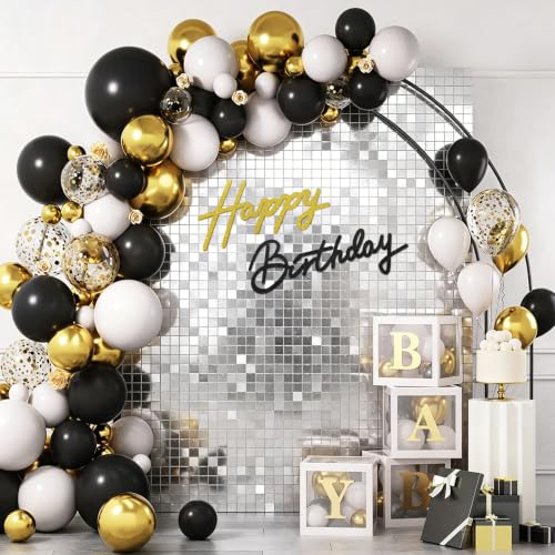 Image of TONIFUL Happy Birthday Sign for Backdrop - Glitter Black Gold Felt Banner - Includes Dot Glue - Perfect for Birthday Party Backdrop,Wall Decr,Balloon Arch,Photo Background