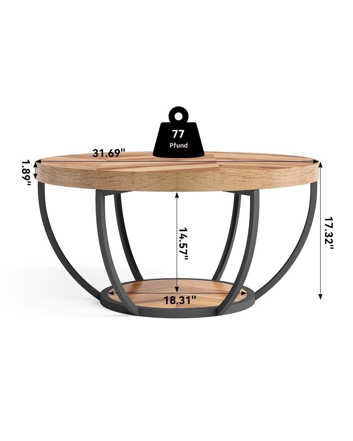 LITTLE TREE Runder Couchtisch, 81,3 cm, runder Couchtisch für Wohnzimmer, 2-stöckiger Holzakzent-Mitteltisch mit offenem Stauraum, Industrie-Design, Wohnmöbel (Holzmaserung und Schwarz)