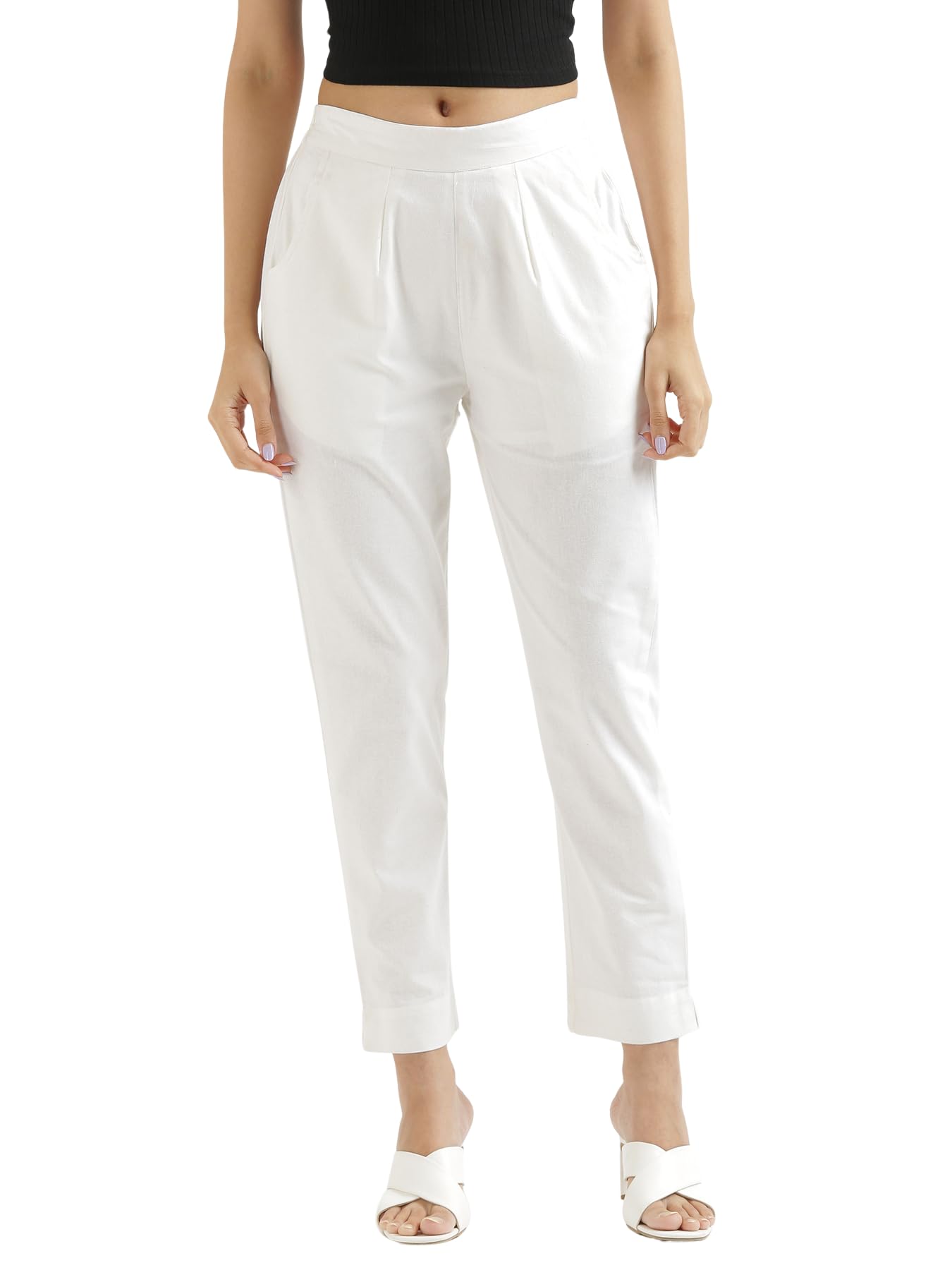 Cotton Pants for Women Half-Elasticated Waist | Regular Slim Fit Mid Rise Women Trousers | Pocket Pants for Office, Formal, Casual & Daily Use-image-1