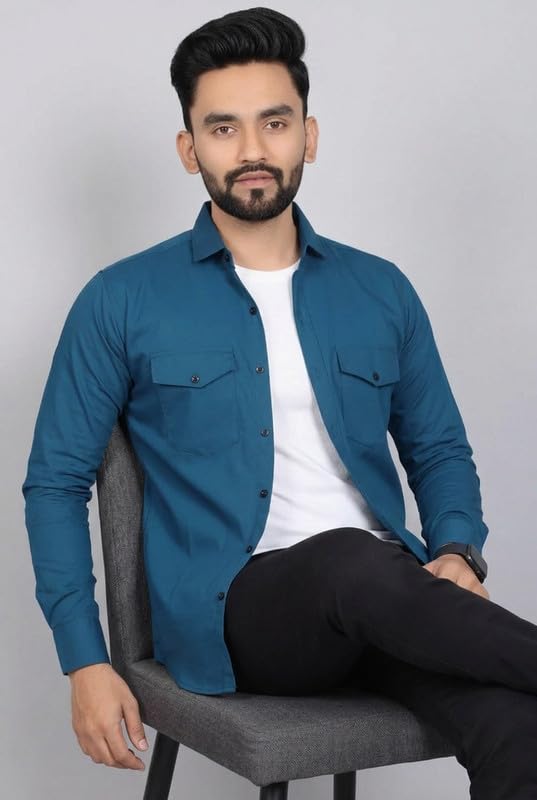 Image of DEELMO Men Solid Slim Fit Casual Overshirt Style Shirt | Full Sleeve Button-Down Layering Shirt Smart Casual Look