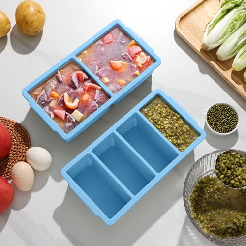 Image of Silicone Freezer Trays with Lid for Soup, 1-Cup & 2-Cup Large Ice Cube Molds Food Storage Containers for Meal Prep, Freeze 500mL /250mL /125mL Portions - 2 Pack