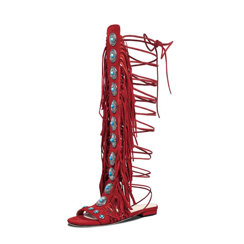 Atuelang Womens Boho Gladiator Sandals Knee High Fringe Lace Up Flat Sandals with Turquoise Studs Strappy Tall Beach Summer Boots Shoes Red Size 10