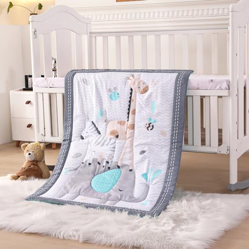 Wowelife Mini Crib Bedding Set Grey, 3 Piece Elephant, Giraffe, Zebra Breathable Polyester Crib Bedding Set with Comforter, Fitted Sheet and Skirt for Mini Crib - Image 3