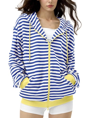 FAIABLE Striped Zip Up Hoodie Women Oversized Sweatshirt Hoodies Zipper Sweaters Pullover Cotton Vintage Preppy Shirt Outfits