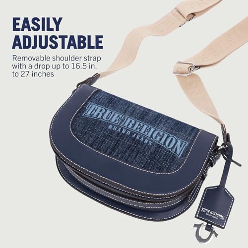 True Religion Saddle Bag, Women's Dark Denim Logo Shoulder Purse Handbag, Dark Denim4