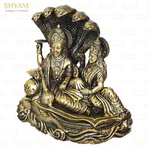 Image of 4 inch Brass Set of Lakshmi Vishnu Ji Sitting On Sheshnag Murti Maa Laxmi Vishnu Resting Idol Lakshmi Narayan Statue for Home Temple Diwali Puja