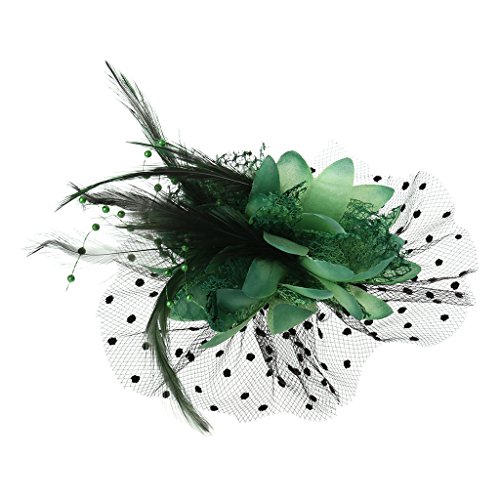 CUCUDAI Women Bridal Mesh Bow Feather Beads Wedding Fascinator Dot Veil Hair Clip Brooch-Green