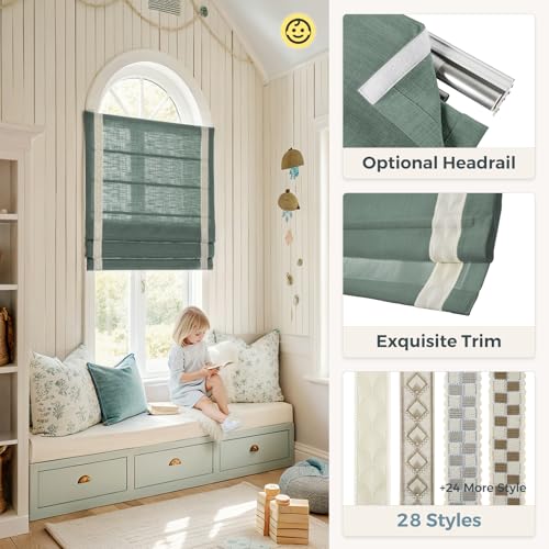 Image of TWOPAGES Liz No Drill Cordless Roman Shades Linen Textured Roman Blinds for Windows, Custom Made Room Darkening Blackout Roman Window Shades, Hardware Included, Lagoon, 1 Piece