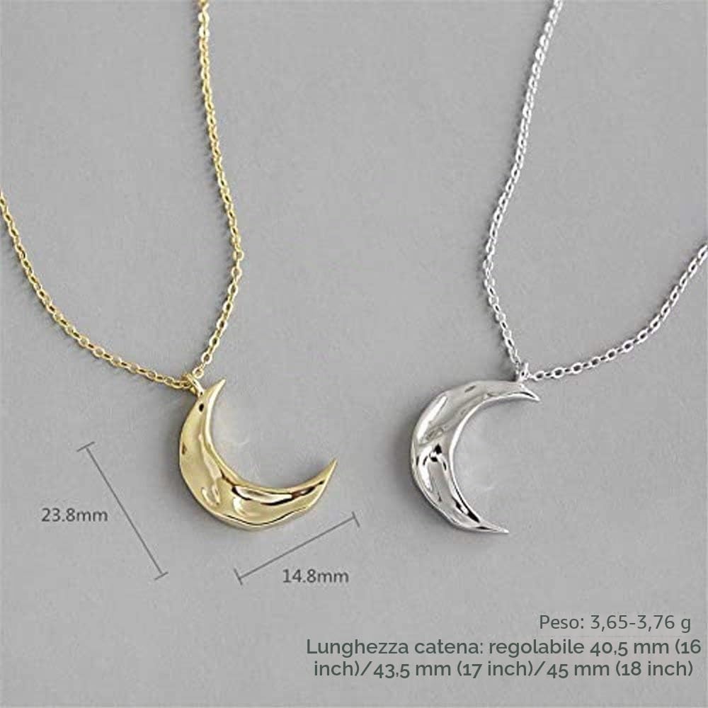 IMINI Collana con Ciondolo a Forma di Luna per Donne e Ragazze in Argento Sterling Semplice e Delicata a Mezzaluna e Mezza Fase di Luna Karma Collana Regolabile Gioielli Martellati Fatti a Mano