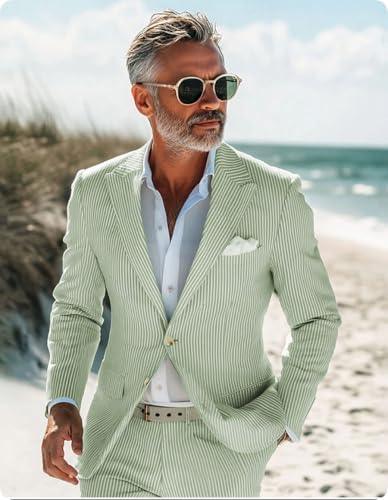 Men's Seersucker Blazer Single Breasted Lightweight Suit Jacket Summer Casual Party Beach Grooms Wedding3