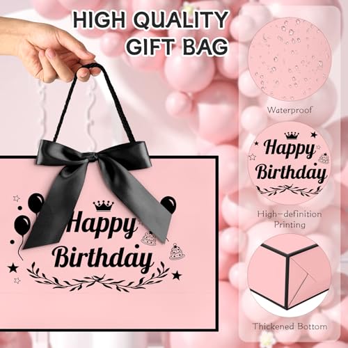 Image of JMANNI Happy Birthday Gift Bag, Pink with Black Satin Bow & Crown Design, Medium Birthday Present Bag for Party Favors, Size 12.60 inchx8.66 inchx4.33 inch
