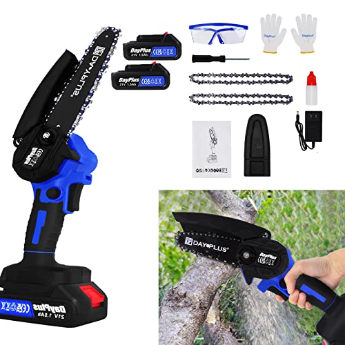 Motosierra eléctrica de 4 pulgadas, con protección contra salpicaduras y bloqueo de seguridad, batería recargable, para madera, jardinería (2 baterías y 2 cadenas)