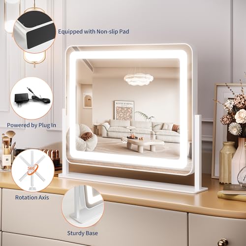 19.6"x15.7" Vanity Mirror with Lights, Large Lighted Mirror, LED Makeup Mirror with 3-Color Dimmable Modes and Smart Touch Control, Perfect for Desk or Bedroom, Vanity Desk Tabletop Makeup, White