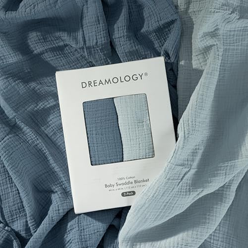 Image of Dreamology Muslin Blankets for Newborn,2 Pack,Muslin Cotton Blankets for Boys,Girls,100% Cotton,Soft and Breathable Baby Receiving Blankets Baby Boy,Girl, 44x44 Swaddle Blanket | Blue and Light Blue