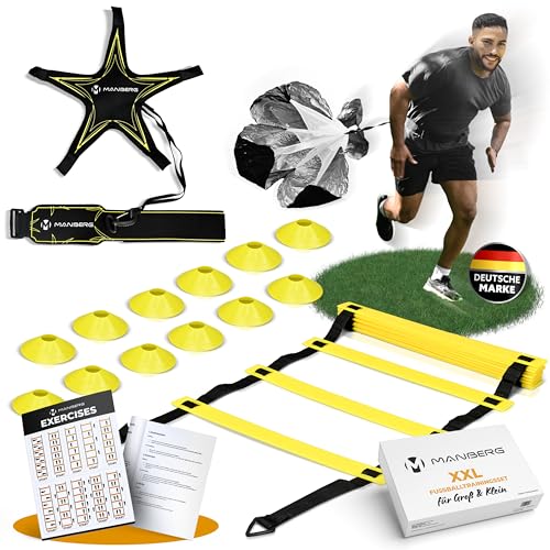 Manberg® Fußball Trainingsset Pro – Koordinationsleiter 6m, 12 Hütchen, Widerstandsschirm, Kick-Trainer – Komplettes Trainingszubehör für Kinder & Erwachsene