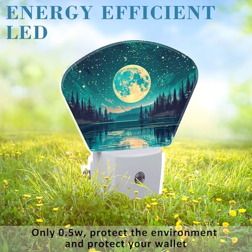 Image of Fantasy Lake Forest Plug in Night Lights, Full Moon in Starry Sky Nightlight Plug Into Wall Dusk to Dawn Sensor for Kid Girls Boys Women Men Room, Hallway, Kitchen, Bathroom, Stairs Decor