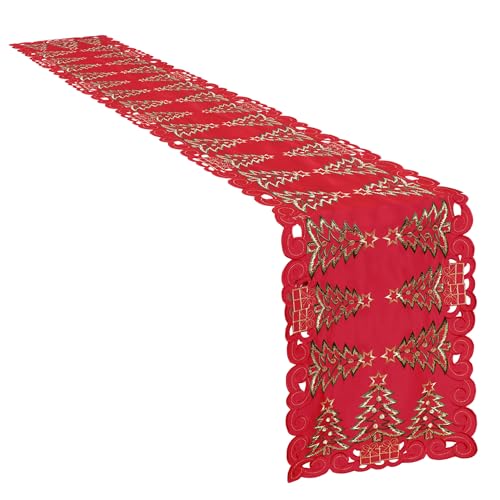 Image of Simplebrand Red Christmas Table Runner 13x108 Inches Long, Embroidered Cutwork Christmas Table Runner with Green Christmas Tree and Gifts, Xmas Tree Dresser Scarf Winter Holiday Parties Kitchen Dinner