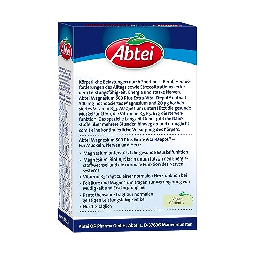 Abtei Magnesium 500 Plus Extra-Vital-Depot - hochdosiert - mit allen B-Vitaminen - für Muskeln, Nerven und Herz - Vegan - 42 Tabletten
