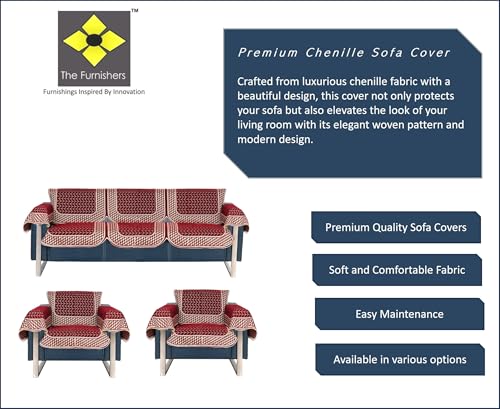 Image of Premium Chenille Woven Anti-Slip 5 Seater Sofa Cover with Armt Rest | L-Shape Sofa Seat Protector for Living Room | Durable & Stylish Slipcover - Maroon - 3D