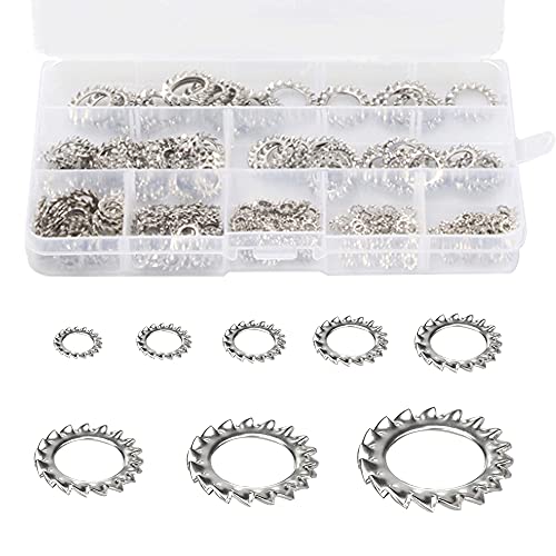 Dzsomt Rondelles de Verrouillage des Dents 300 pièces Rondelle Frein Inoxydable Rondelles Dentées Rondelles de Blocage Rondelles Dentées Externes Assortiment Ensemble (M2,5 M3 M4 M5 M6 M8 M10 M12)