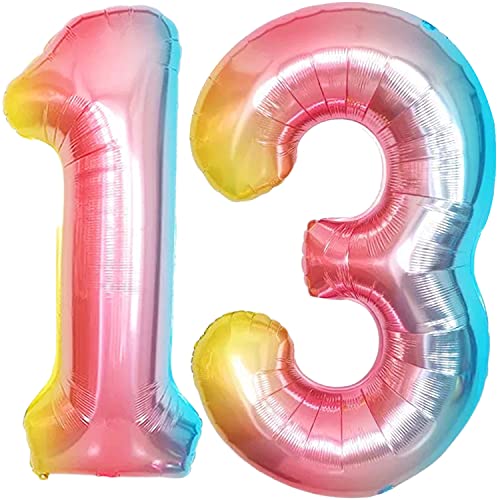 Big 13 Balloon Numbers Rainbow - 40 Inch | 13th Birthday Decorations for Girls Official Teenager Birthday Decorations | Gradient Rainbow 13 Balloons Number for Unicorn 13 Year Old Birthday Decorations