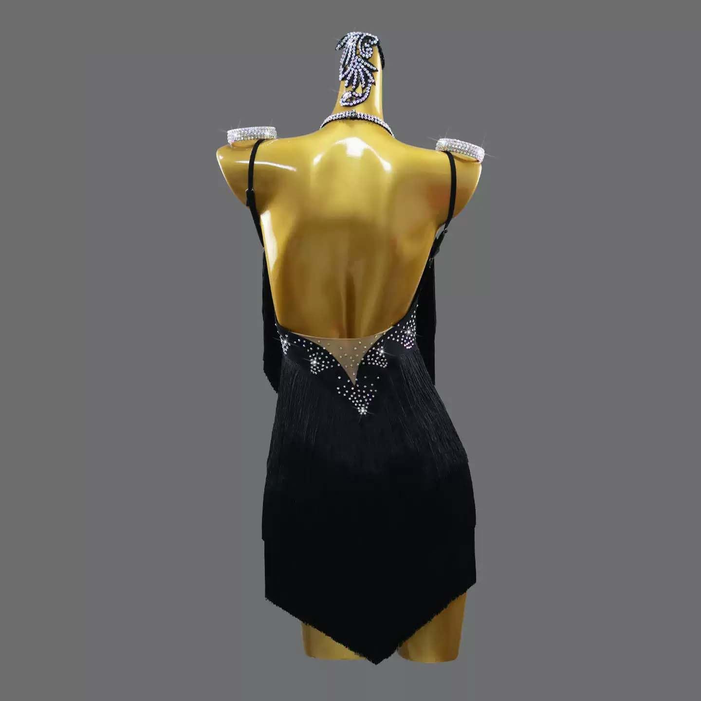 Damen Fransen Latein-Tanzkleid Glitzernde Strasssteine Spaghettiträger Salsa Tango Cha-Cha Tanzkostüm Set