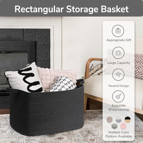 Goodpick Extra Large Storage Basket, 23.6" x 15.7" x 13.8" Rectangle Cotton Rope Basket for Blankets, Pillows, Toys, Woven Dirty Clothes Baskets for Laundry, Black