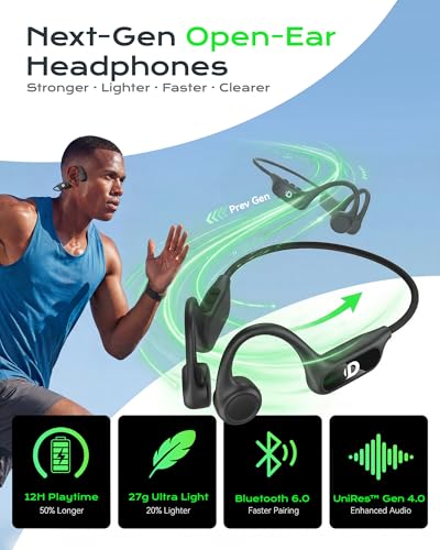 Image of DEMICEA Open Ear Bone Conduction Headphones for Running - Bluetooth 6.0 Wireless Sport Earphones, Up to 12H Playtime, IP54, Built-in Mic, Secure Fit