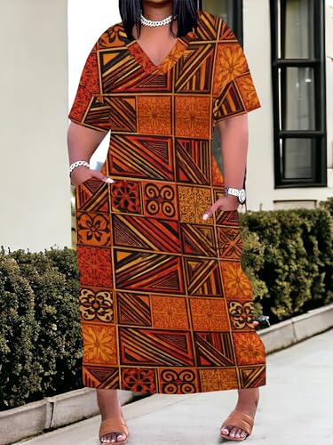 Image of Plus Size Maxi Dress for Women Short Sleeve V Neck Casual Loose Sundress with Pockets