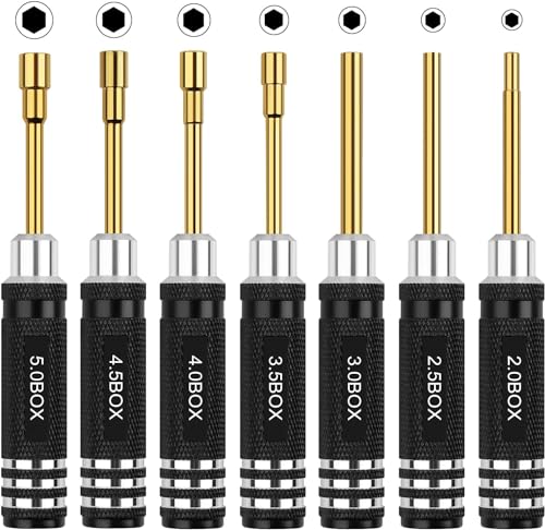 RC Tools Kit 7PCS Hex Nut Screwdriver Set with 5.0/4.5/4.0/3.5/3.0/2.5/2.0 Box Hobby Tools Hexagon Nut Wrench Repair Tools Compatible with SCX24 Traxxas Redcat RC Cars