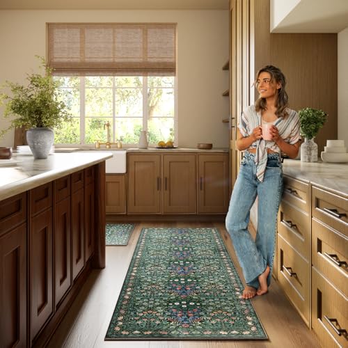 Image of Non-Slip Washable Runner Rug for Hallways, 2x6 Ultra-Thin Floral, Boho Soft Forest Green Carpet for Kitchen, Bathroom & Laundry Room