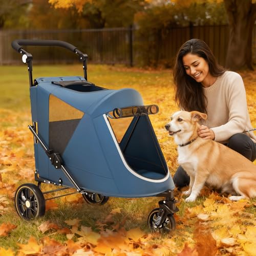 Image of Magshion Pet Stroller for Medium Large Dog, 3-Wheel Foldable Jogger, Navy | All-Terrain with Adjustable Handle, Dual Entry, Rear Storage, Breathable Mesh, One-Foot Brake, Up to 55 lbs