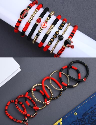 Game Day Bracelets Football Charm for Women Football Bracelets Red Black Blue Heishi Clay Beaded Stretch Bracelets Stackable Sports Bracelet Bangles Football Mom Accessories Outfits2