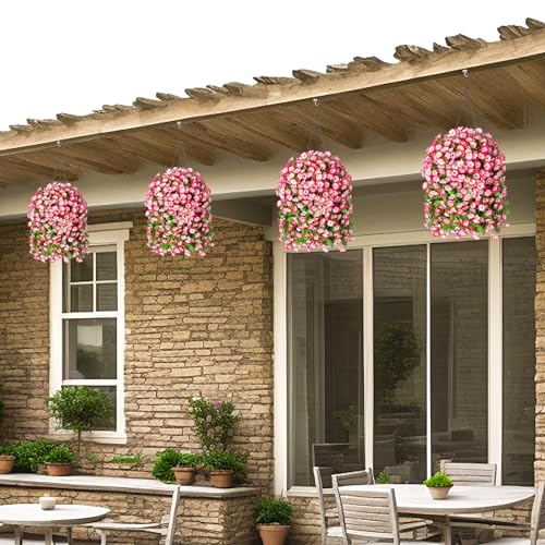 Image of Ammyoo Artificial Faux Hanging Flowers Basket for Spring Outdoor Decor