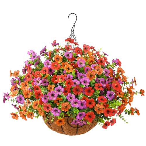 Artificial Faux Hanging Plants Flowers Basket for Spring Outdoor Decoration Fake Silk Daisy in Planter Realistic UV Resistant Look Real for Porch Home Patio Balcony YardPurple Orange red