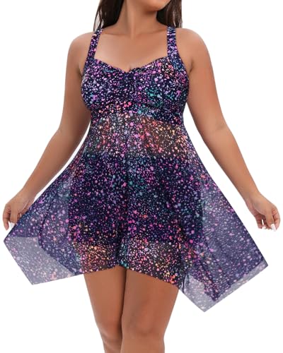 Image of Daci Plus Size Two Piece Swim Dress with Shorts for Women Mesh Swimsuits Flowy Bathing Suits