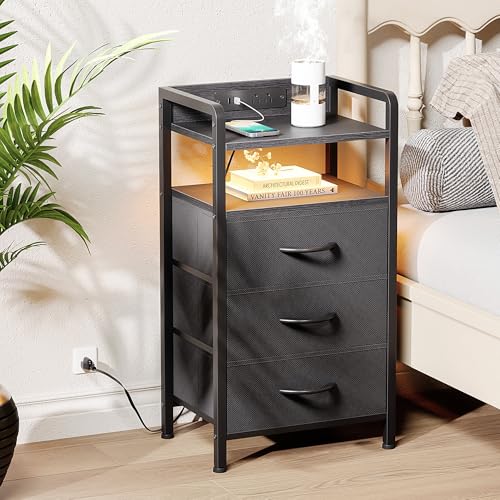 Night-Stand-Bedside-Table-Bedroom-Nightstand-with-Charging-Station-LED-Light-Strip-Bed-Side-Table-with-Storage-Shelf-3-Fabric-Drawers-Morden-Black-End-Table-with-U-S-B-Ports-AC-Outlets