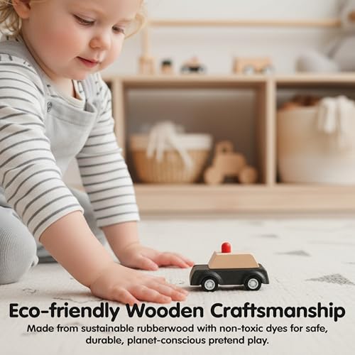 Image of PlanToys Police Car Wooden Montessori Vehicle Kids Indoor Outdoor Play Toy | rolling wheels, police car toy, girls, boys, imaginative early movement, practical life fine motor gift preschool learning
