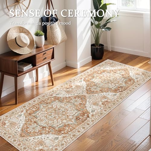 Deerly Vintage Runner Rug 2x6 Hallway Runners Boho Non-Slip Entryway Throw Rug Faux Wool Non-Slip Washable Low-Pile Floor Carpet for Indoor Front Entrance Kitchen Bathroom, Caramel/Beige/Multi