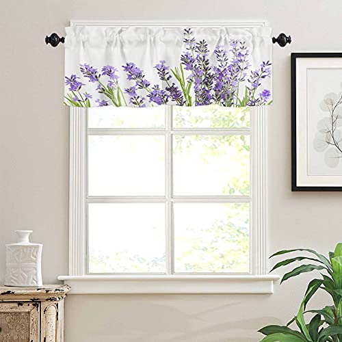 Blackout Short Valance Curtain Waterproof Soft Rod Pocket Kitchen Valance Curtain Tiers Drapes For Bathroom Window Room Darkening Small Curtain For Bedroom, 54"X18"Watercolor Lavender Flower #TOP30