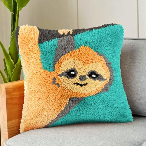 Image of clubevy DIY Latch Hook Kits Pillow Case Embroidery Carpet Set Needlework Pillow Cover Sofa Cushion Cover Craft Kits 17x17 inch (Sloth)