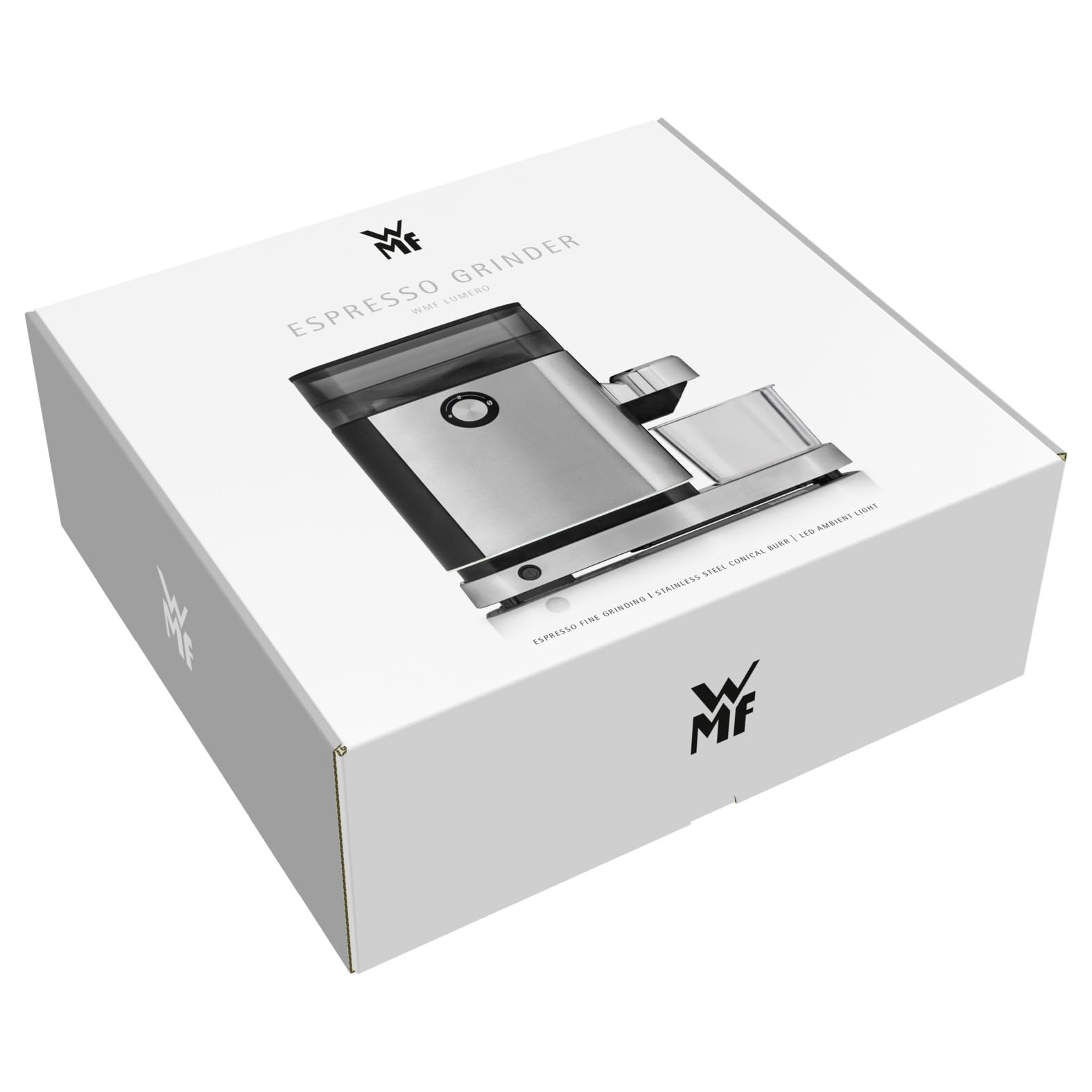 WMF Lumero elektryczny młynek do espresso 150 W, przyciski dotykowe LED, 40 stopni mielenia, pojemnik na kawę, stal nierdzewna Cromargan matowa