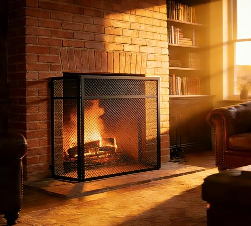 Kingson 3-teilige Kaminblende mit flacher Oberseite - schwarz pulverbeschichteter Stahl mit Klavierscharnieren in voller Länge - Funkenschutz Feuerschutz - Kinder- & Haustiersicher - B100 x H60 cm