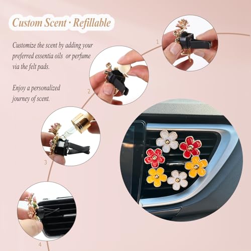 Image of ORIESSE 6pcs Flower Car Air Freshener Vent Clips,Red Yellow White Daisy Car Dashboard Accessories,3.3cm /3cm Flower Air Vent Clip for Women,Refillable Car Diffuser Decor