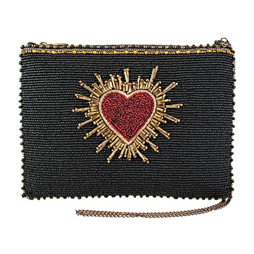 Mary Frances Love Affair Beaded Heart Burst Mini Crossbody Bag Novelty Evening Clutch Purse, Black