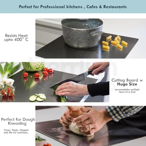 Image of Herrlich Homes Premium 304 Stainless Steel Chopping Board with Lip for Kitchen | 42 x 32 cm | Free Rollin Pin | for Cutting Vegetables, Fruits, Meat | Doughknead Board | Durable | Medium