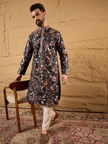 Image of Men's Black Silk Blended Solid Embroidered Long Kurta | Men's Kurtas | Embroidered Kurta's for Men | Straight Fit Kurta for Men