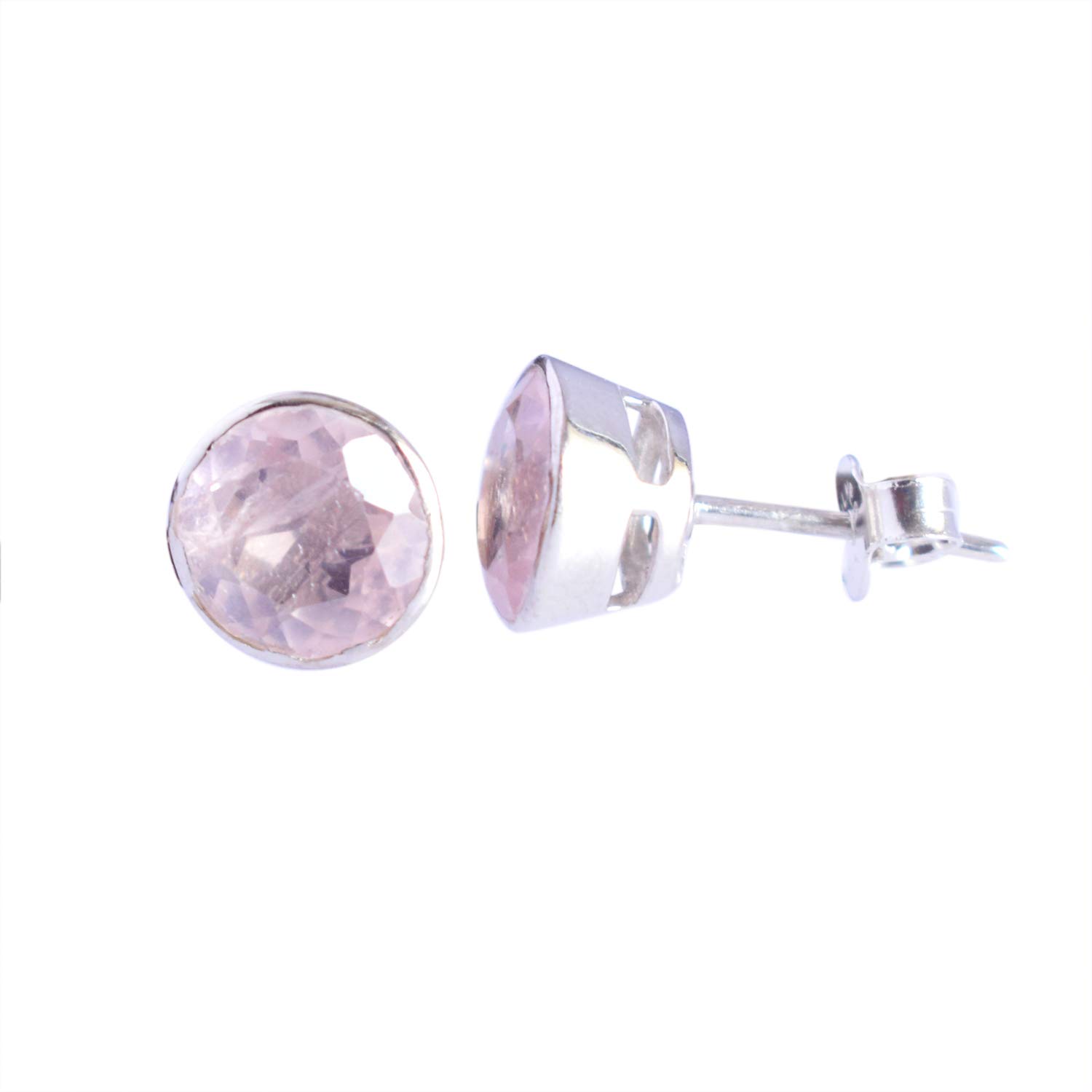SILCASANatural Rose Quartz Cutstone Stud Post Earrings, 925 Sterling Silver Gemstone Earring 10 MM Round Girl Women Gift