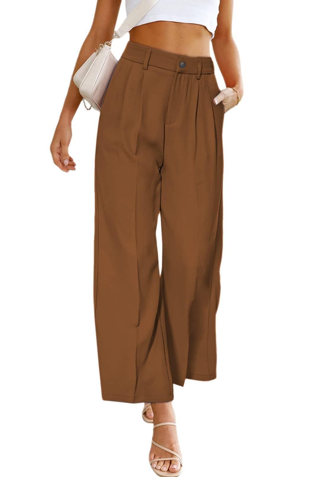 Womens Half-Elastic Waist Dress Pants Wide Leg Cropped Trousers for Business Casual Work