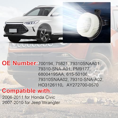 Image of AC Heater Blower Motor with Fan Fits for Honda Civic 2006-2011 | for Jeep Wrangler 2007-2010, Replaces 700194, 79310,79310SNAA01, 79310-SNA-A01, 615-50106,75821,PM9177
